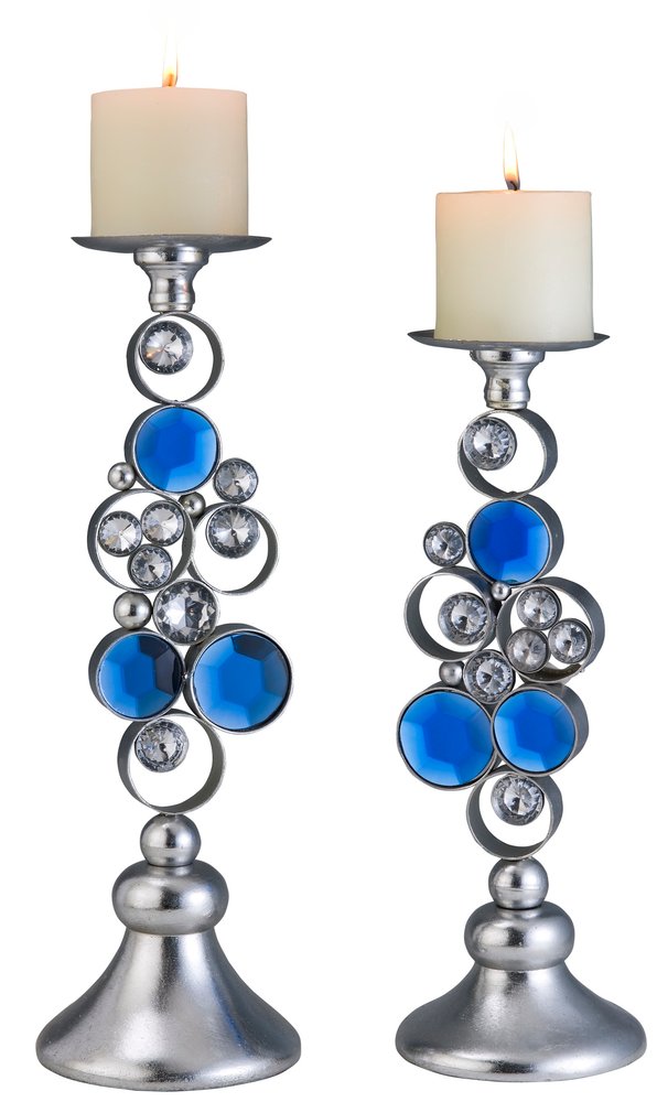 Set Of Two Silver and Blue Bling Tabletop Pillar Candle Holders HomeRoots