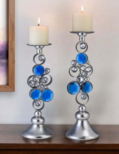 Set Of Two Silver and Blue Bling Tabletop Pillar Candle Holders