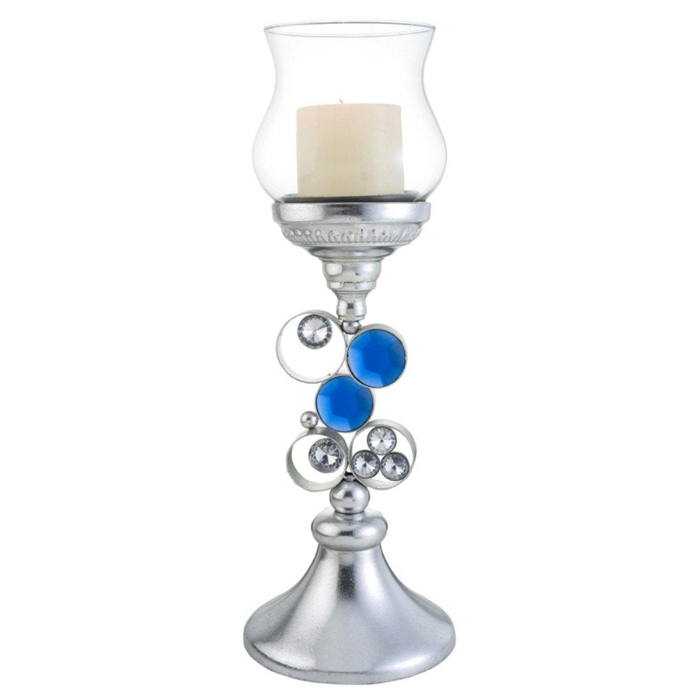 18" Blue Clear And Silver Polyresin Tabletop Hurricane Candle Holder HomeRoots