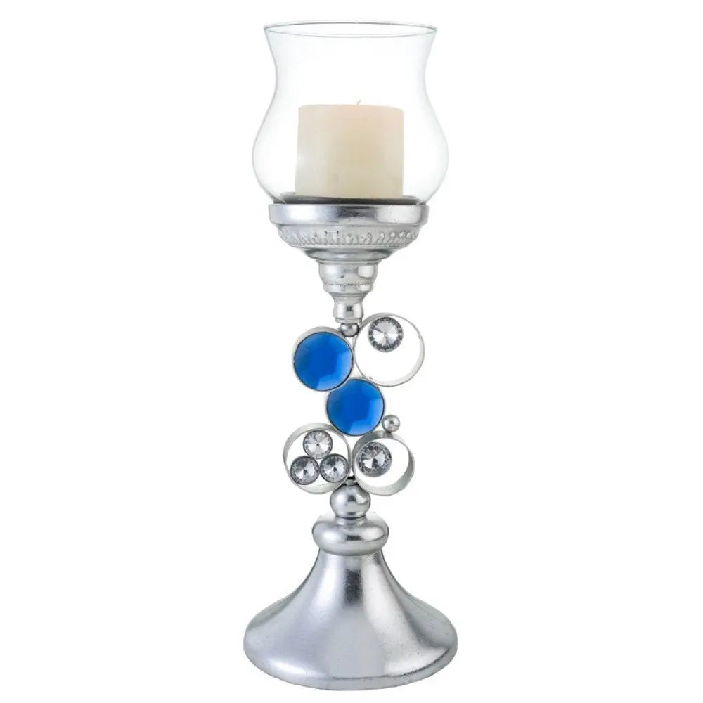 18" Silver and Blue Faux Crystal Bling Hurricane Candle Holder HomeRoots