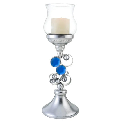 18" Silver and Blue Faux Crystal Bling Hurricane Candle Holder HomeRoots