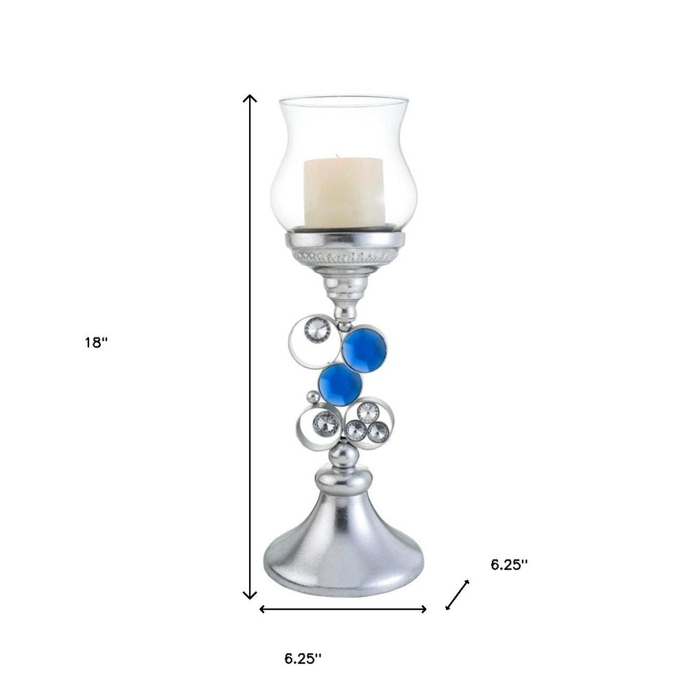 18" Blue Clear And Silver Polyresin Tabletop Hurricane Candle Holder HomeRoots