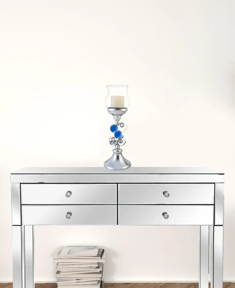 18" Silver and Blue Faux Crystal Bling Hurricane Candle Holder HomeRoots