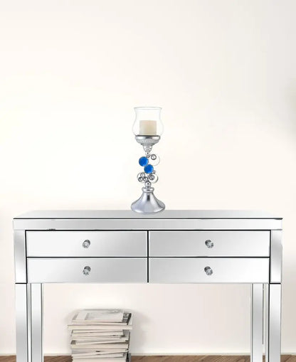 18" Silver and Blue Faux Crystal Bling Hurricane Candle Holder HomeRoots