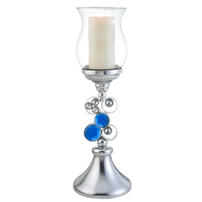 21" Silver and Blue Faux Crystal Bling Hurricane Candle Holder HomeRoots