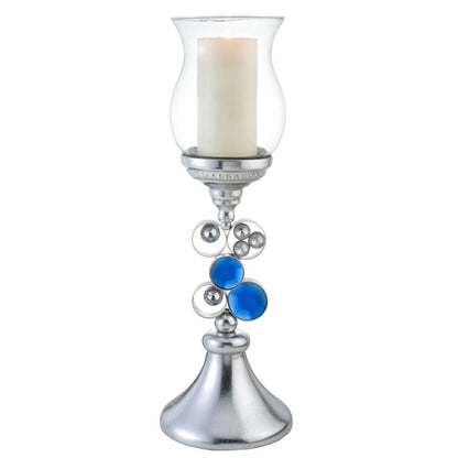 21" Silver and Blue Faux Crystal Bling Hurricane Candle Holder