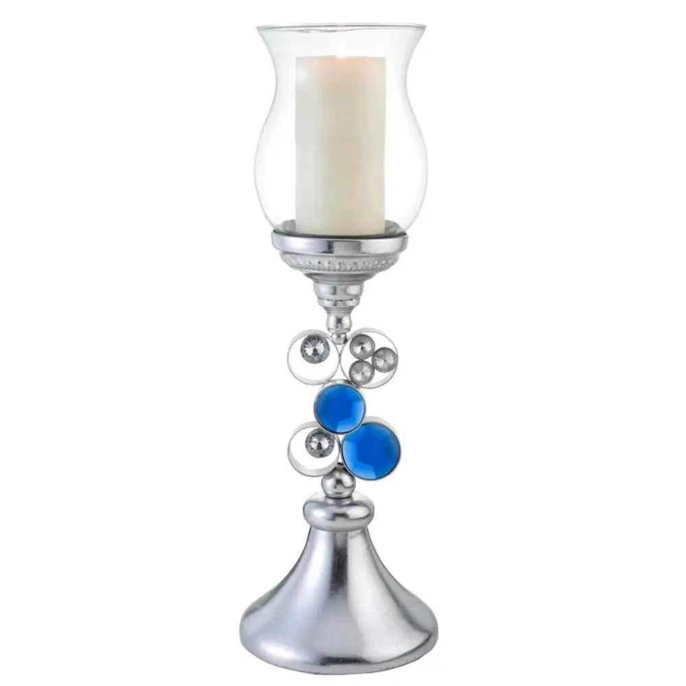 21" Silver and Blue Faux Crystal Bling Hurricane Candle Holder HomeRoots
