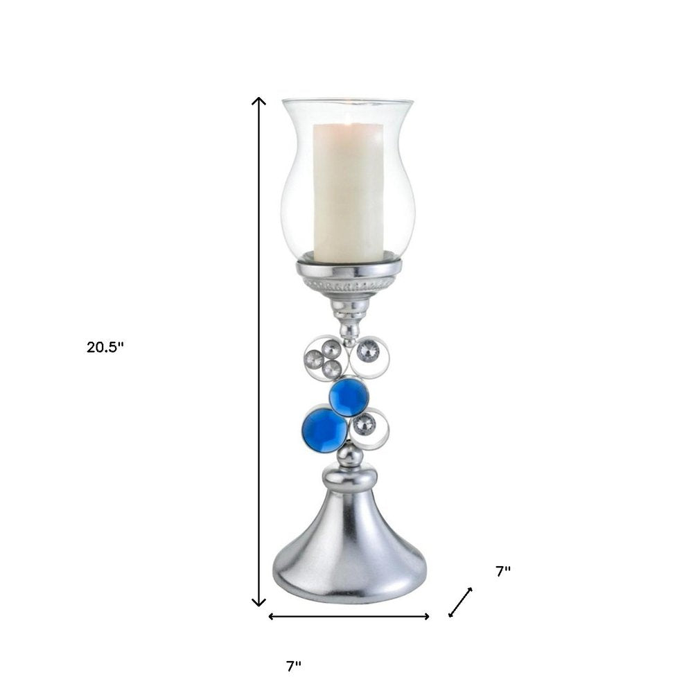 21" Silver and Blue Faux Crystal Bling Hurricane Candle Holder HomeRoots