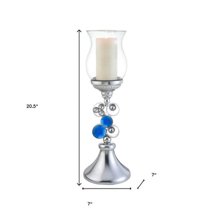 21" Silver and Blue Faux Crystal Bling Hurricane Candle Holder HomeRoots