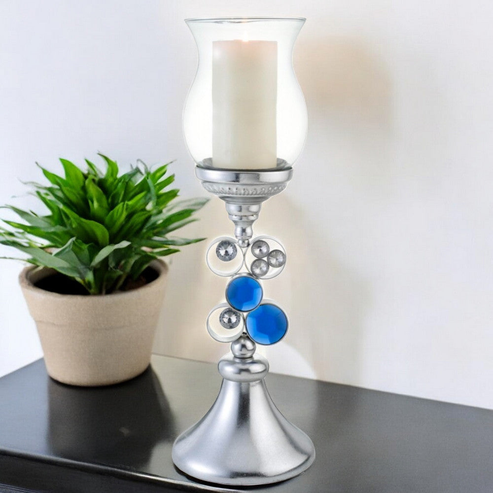 21" Silver and Blue Faux Crystal Bling Hurricane Candle Holder