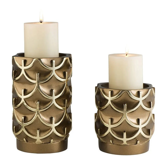 Set Of Two Antiqued Brass Tabletop Pillar Candle Holders HomeRoots