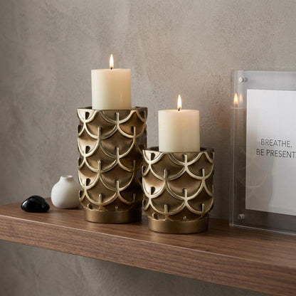 Set Of Two Antiqued Brass Tabletop Pillar Candle Holders HomeRoots
