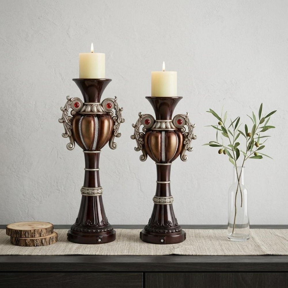 Set Of Two Bronze Tabletop Urn Shape Pillar Candle Holders HomeRoots