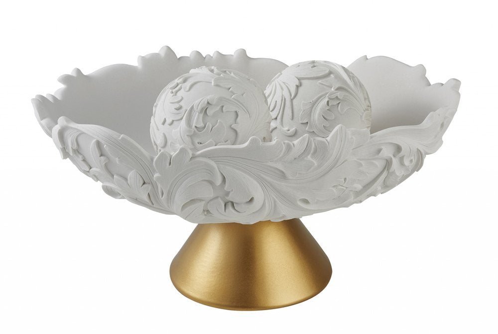 9" Matte Gold And White Polyresin Decorative Bowl With Orbs HomeRoots