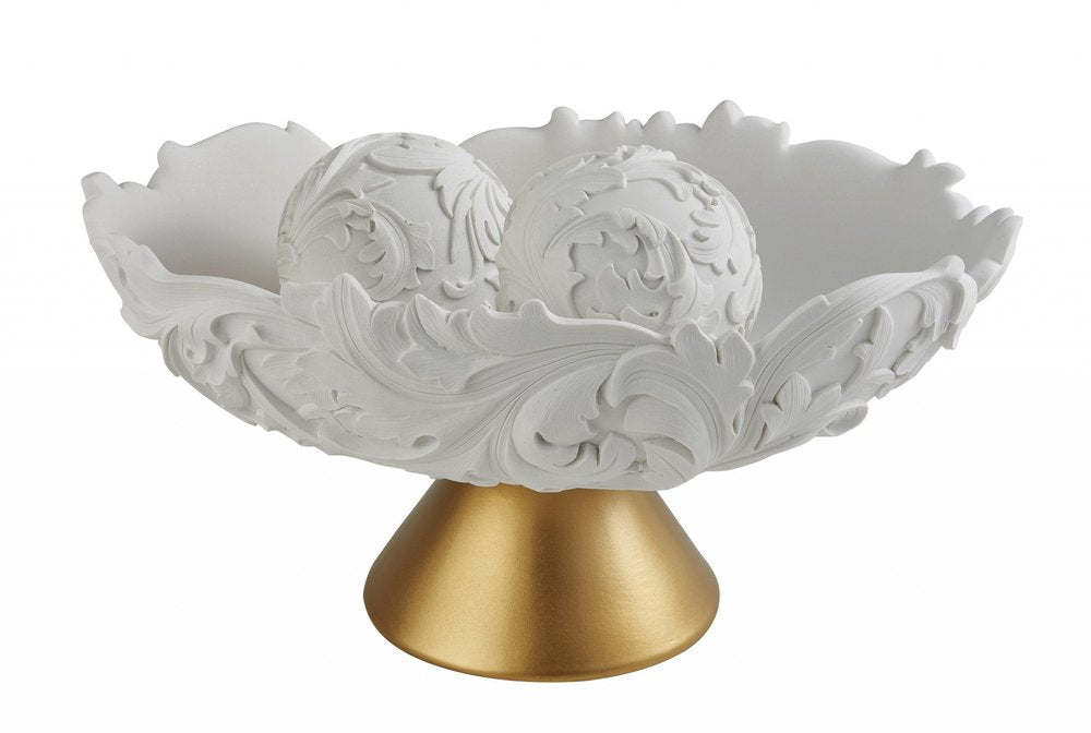 9" Matte Gold And White Polyresin Decorative Bowl With Orbs HomeRoots