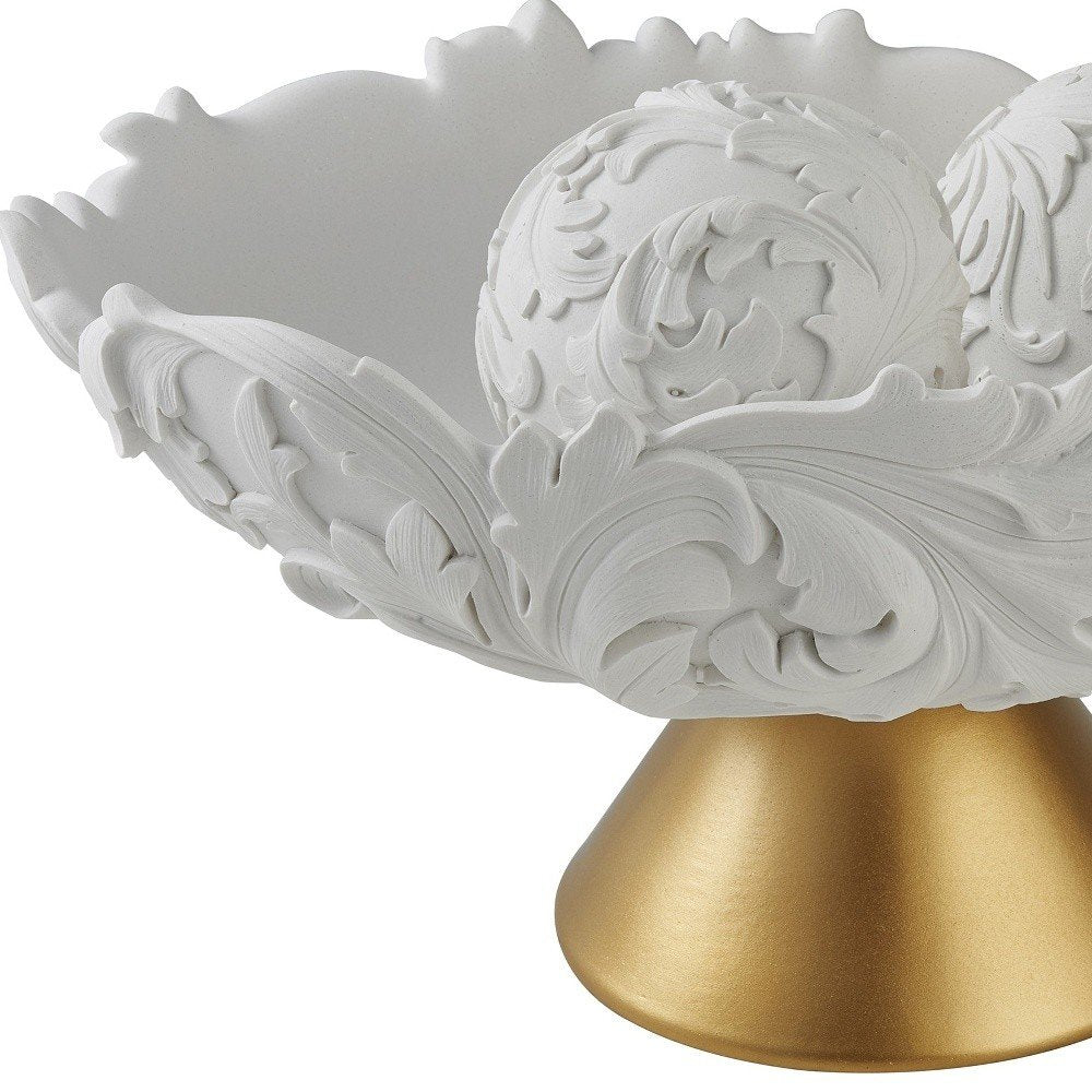 9" Matte Gold And White Polyresin Decorative Bowl With Orbs HomeRoots
