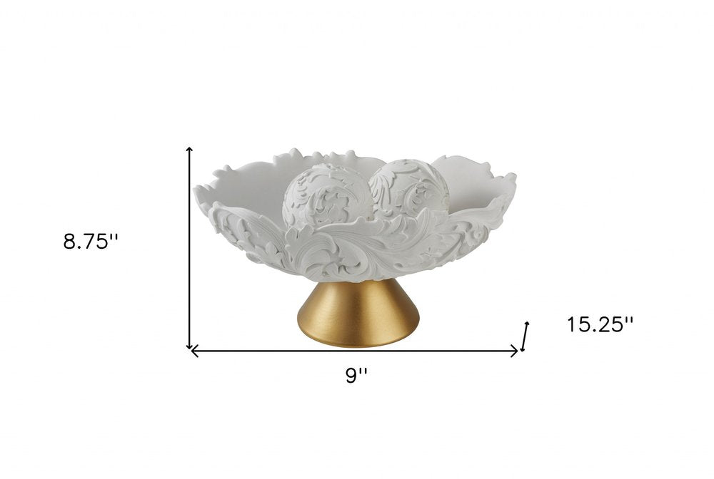9" Matte Gold And White Polyresin Decorative Bowl With Orbs HomeRoots