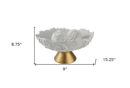 9" Matte Gold And White Polyresin Decorative Bowl With Orbs HomeRoots