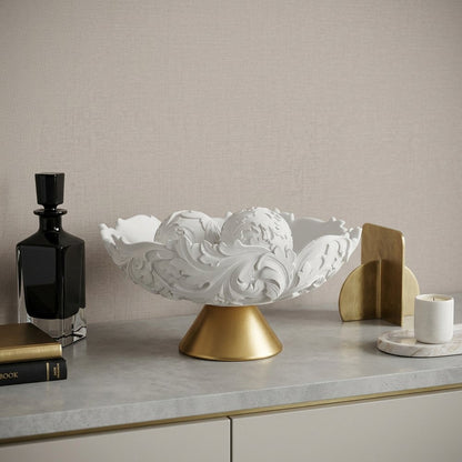 9" Matte Gold And White Polyresin Decorative Bowl With Orbs HomeRoots