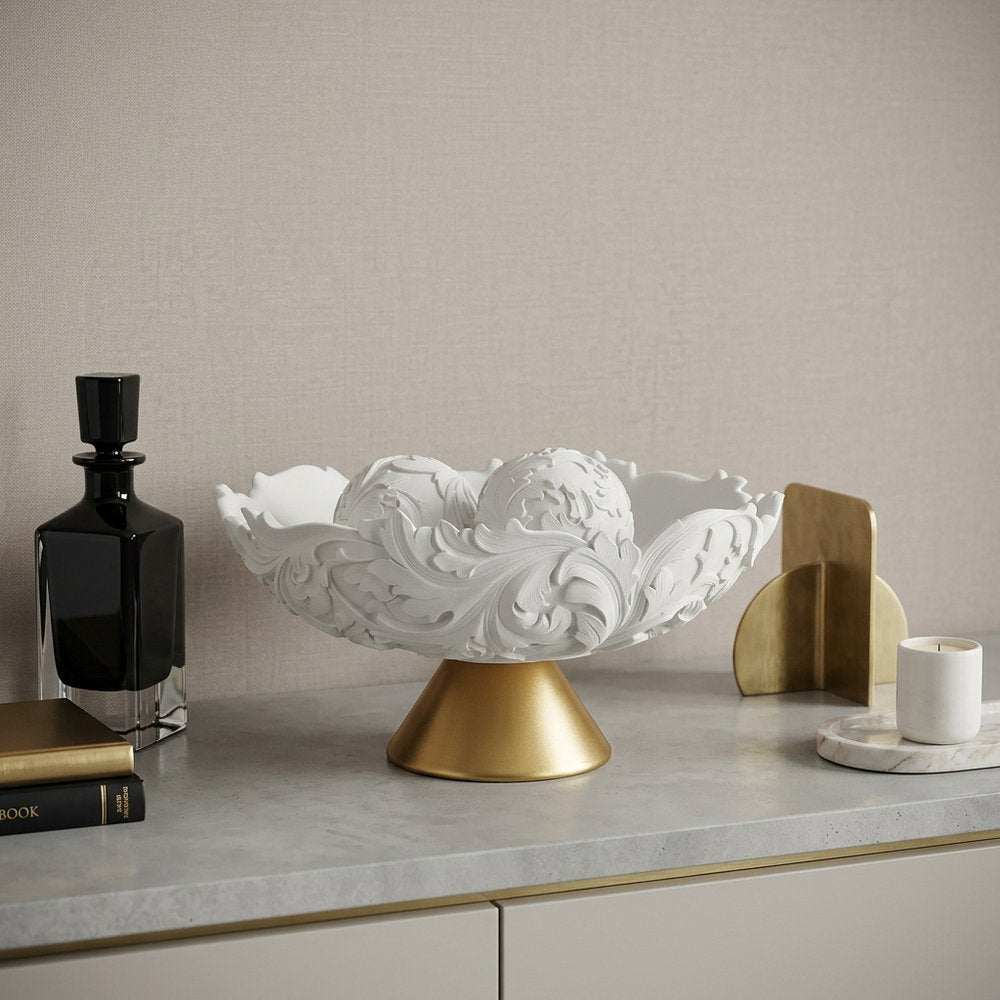 9" Matte Gold And White Polyresin Decorative Bowl With Orbs HomeRoots