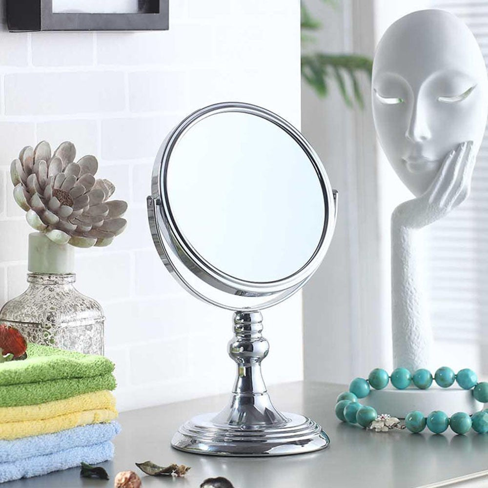 12" Silver Round Metal Framed Makeup Shaving Tabletop Mirror