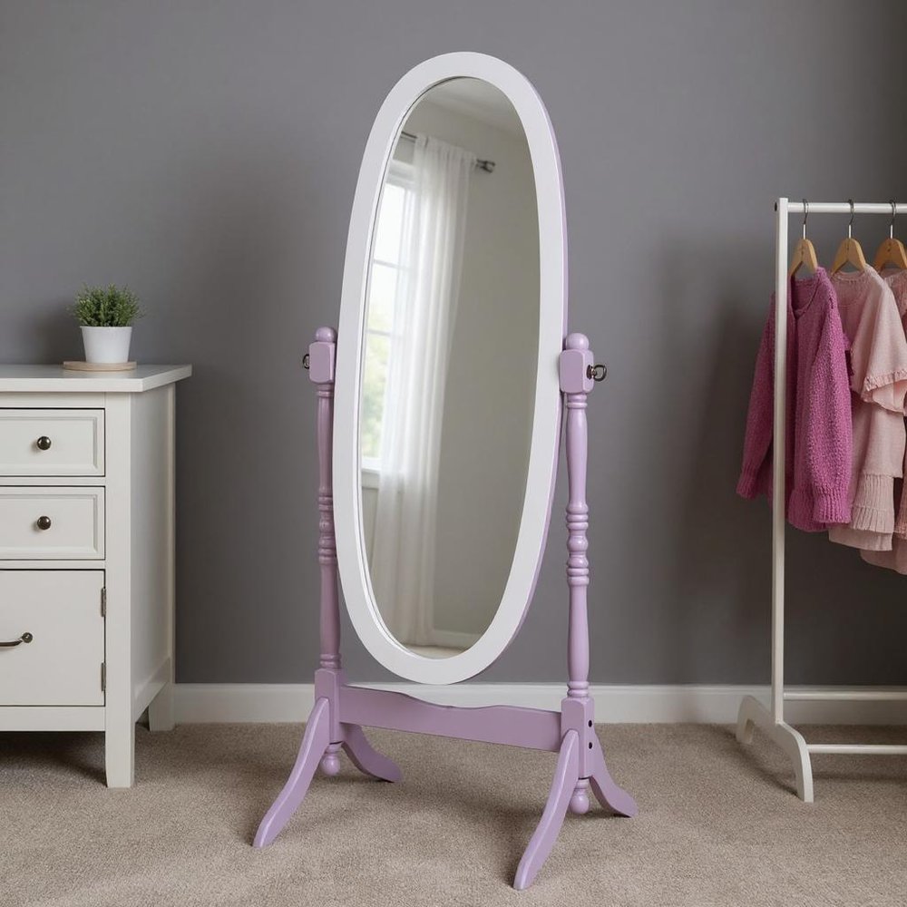 59" Purple And White Wood Freestanding Oval Framed Cheval Mirror HomeRoots