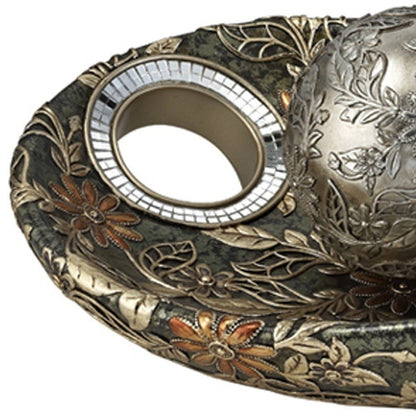 8" Green Silver And Gold Polyresin Decorative Bowl With Orbs HomeRoots