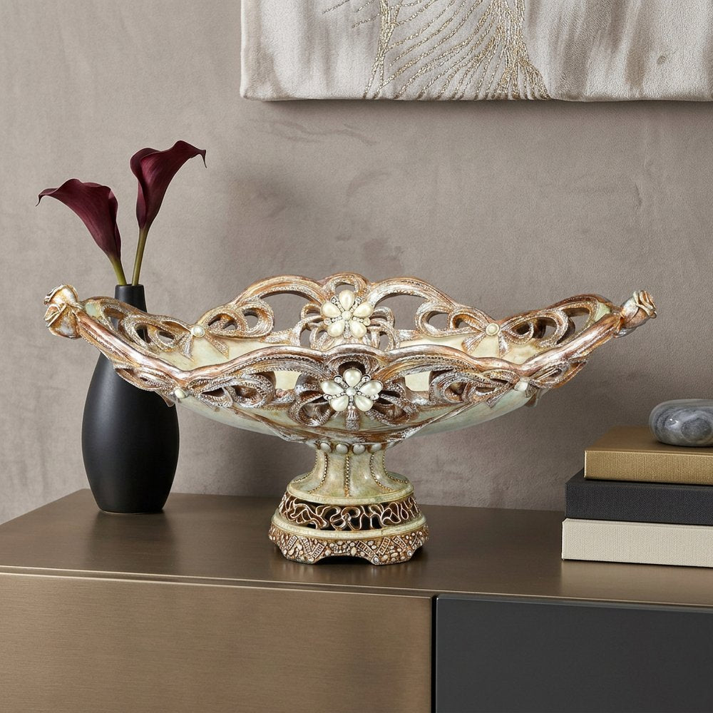 9" Beige And Gold Polyresin Decorative Bowl HomeRoots