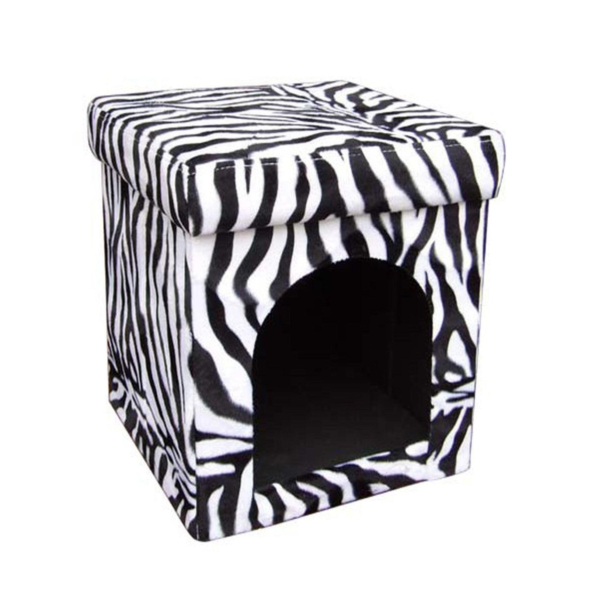 Zebra Print Upholstered Folding Dog House Shaped Pet Bed - FurniFindUSA