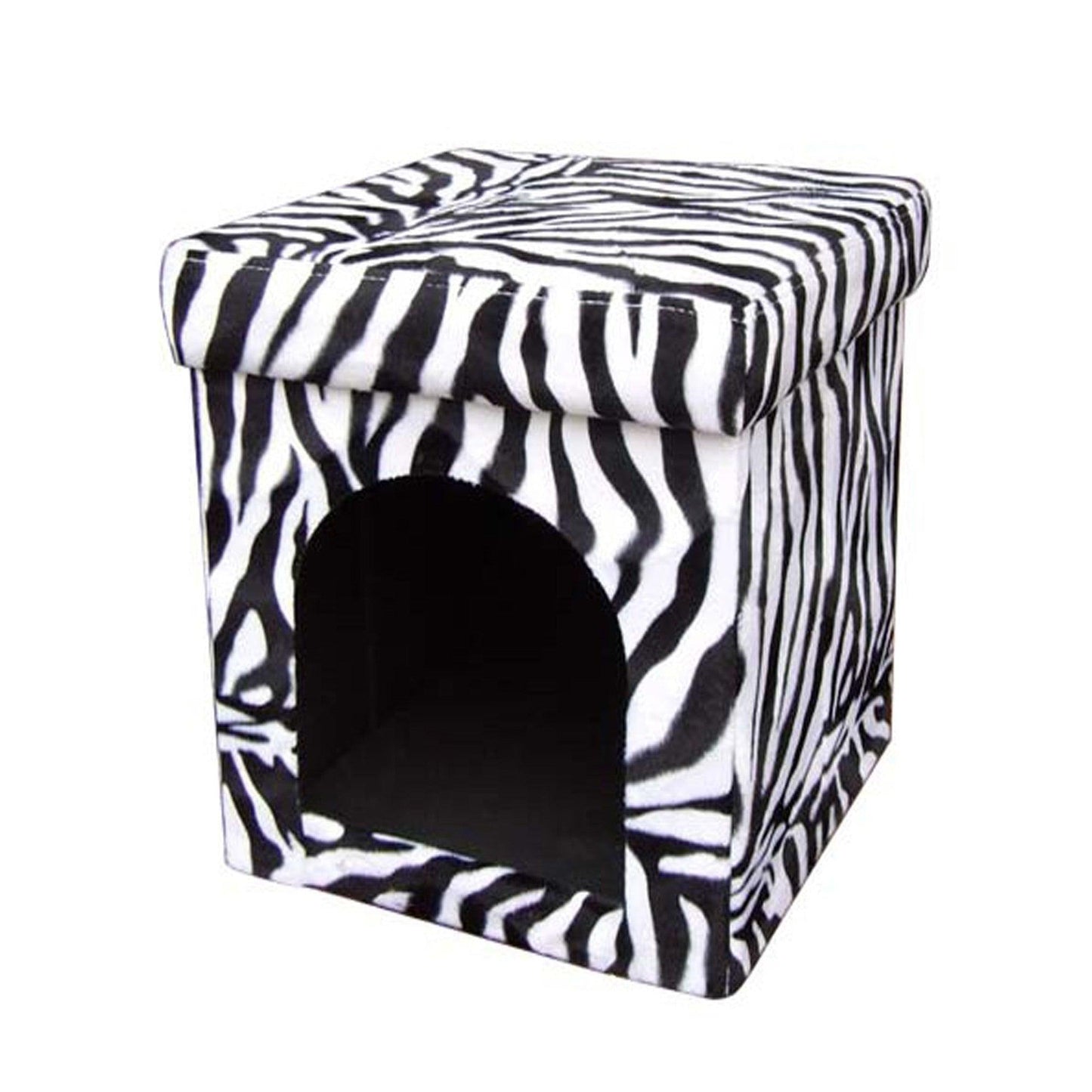 Zebra Print Upholstered Folding Dog House Shaped Pet Bed - FurniFindUSA