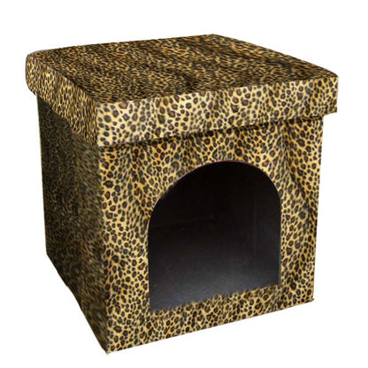 Cheetah Print Upholstered Folding Dog House Shaped Pet Bed - FurniFindUSA