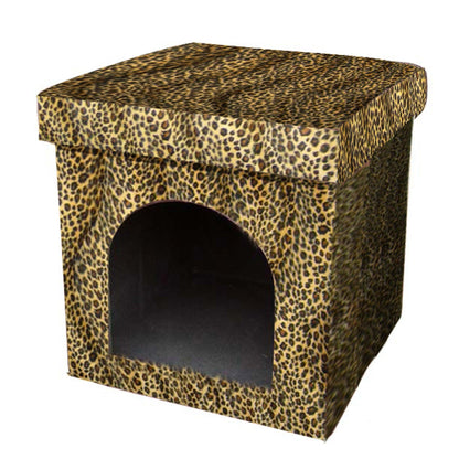 Cheetah Print Upholstered Folding Dog House Shaped Pet Bed - FurniFindUSA