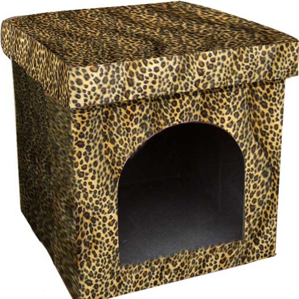 Cheetah Print Upholstered Folding Dog House Shaped Pet Bed - FurniFindUSA