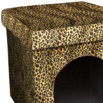 Cheetah Print Upholstered Folding Dog House Shaped Pet Bed - FurniFindUSA