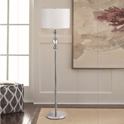 63" Chrome and Crystal Orb Shaped Floor Lamp With White Drum Shade