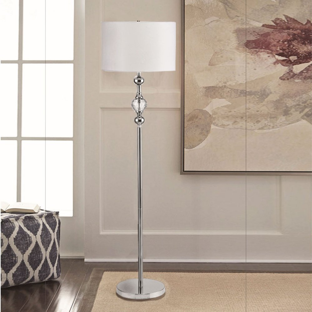 63" Chrome and Crystal Orb Shaped Floor Lamp With White Drum Shade HomeRoots