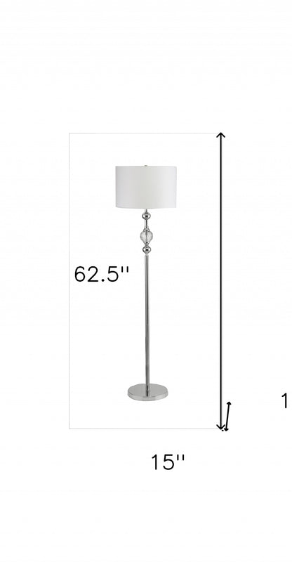 63" Chrome and Crystal Orb Shaped Floor Lamp With White Drum Shade