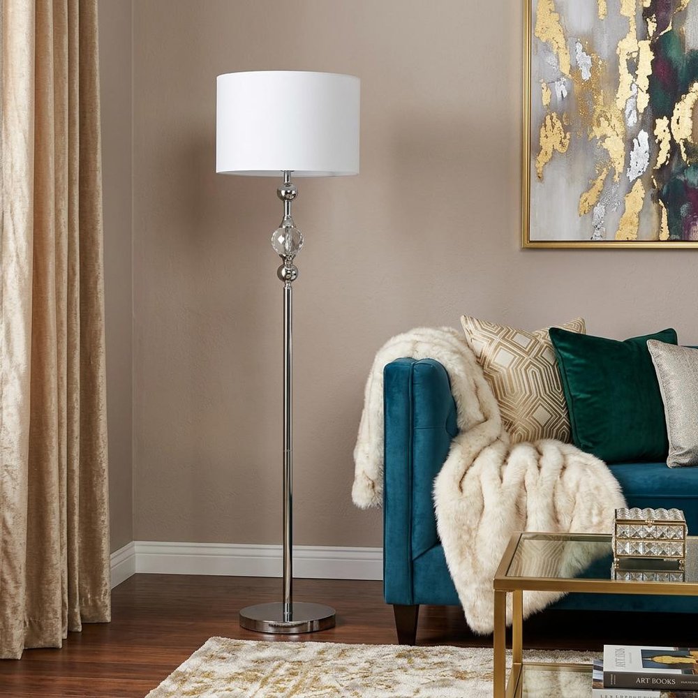 63" Chrome and Crystal Orb Shaped Floor Lamp With White Drum Shade HomeRoots