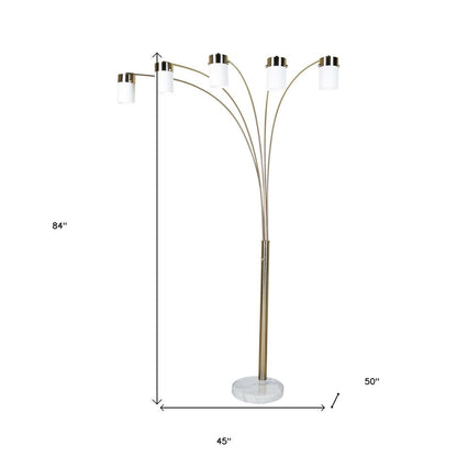 84" Gold And White Five Light Arched Floor Lamp With White Acrylic Drum Shade HomeRoots