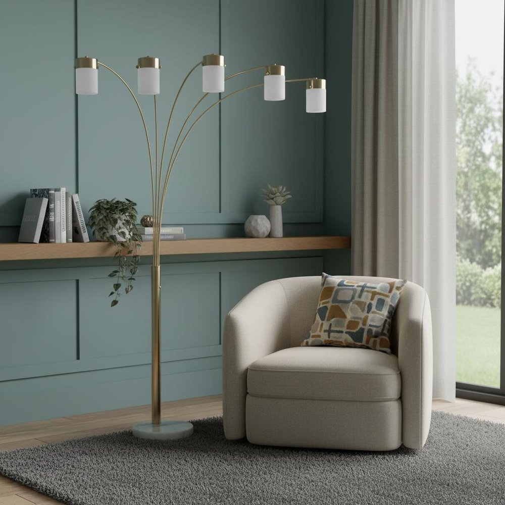 84" Gold And White Five Light Arched Floor Lamp With White Acrylic Drum Shade HomeRoots