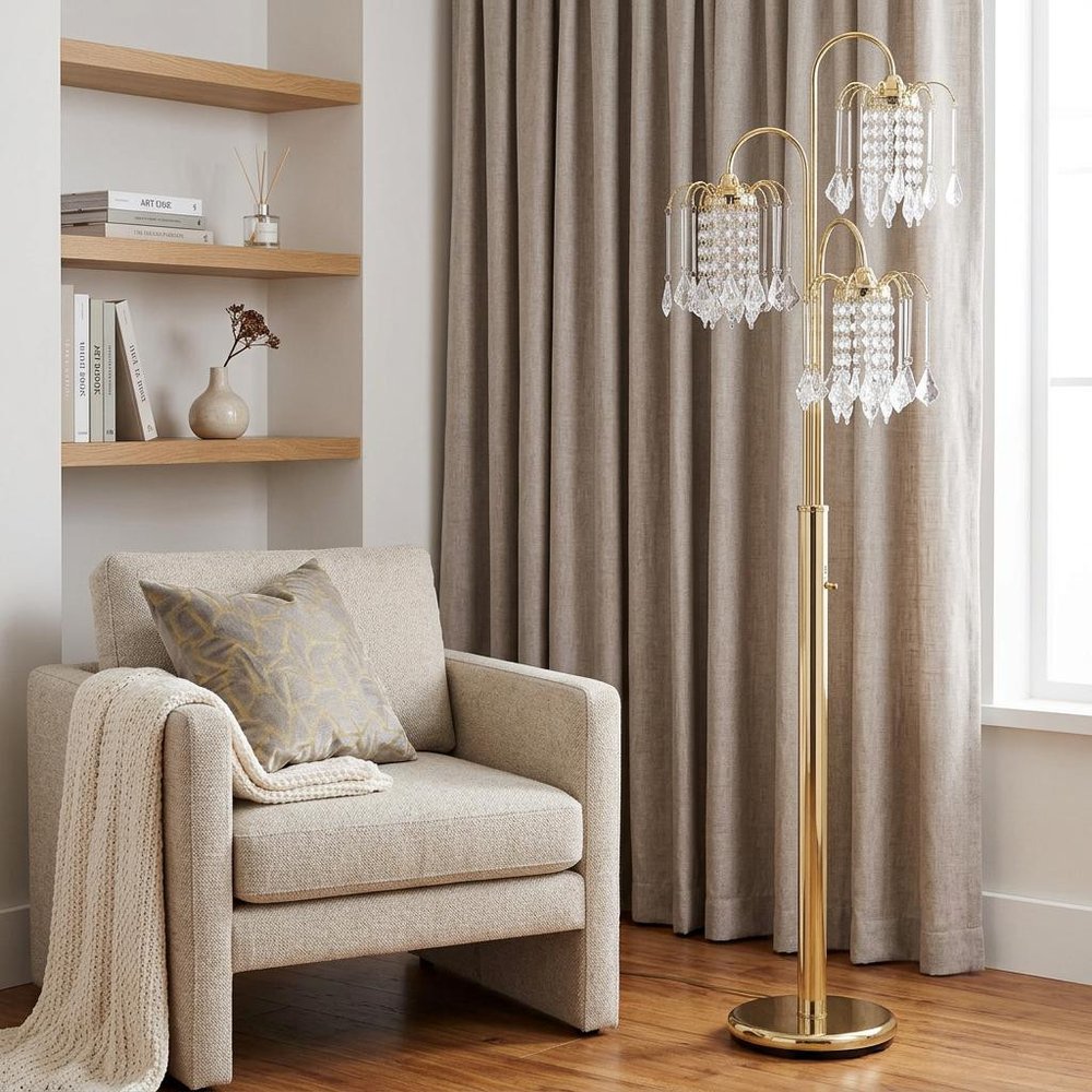 63" Gold Three Lights Candelabra Floor Lamp With Clear Faux Crystal Shades HomeRoots