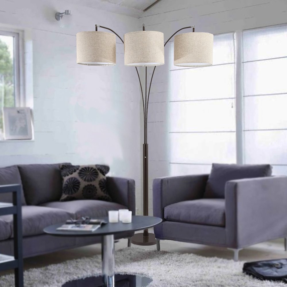 84" Beige And Espresso Brown Three Lights Tree Floor Lamp With Beige Drum Shade HomeRoots