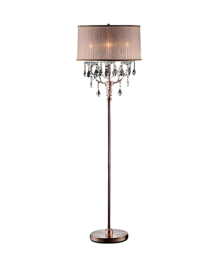 62" Steel Three Light Candelabra Floor Lamp With Silvery Pink Drum Shade