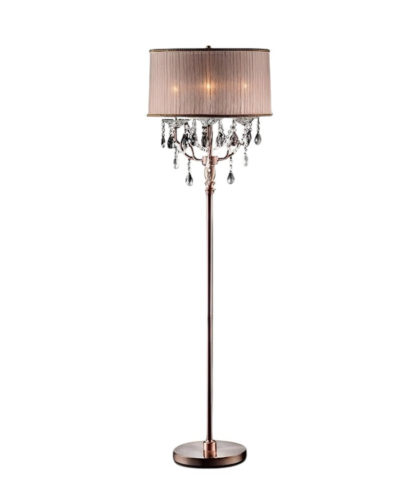 62" Silver Three Light Candelabra Floor Lamp With Pink Fabric Drum Shade — view 1