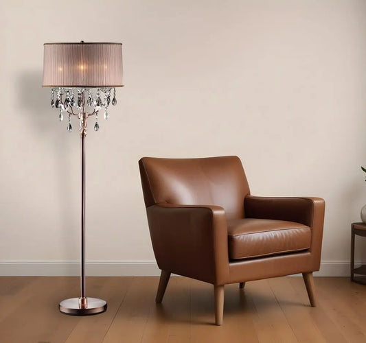 62" Silver Three Light Candelabra Floor Lamp With Pink Fabric Drum Shade HomeRoots