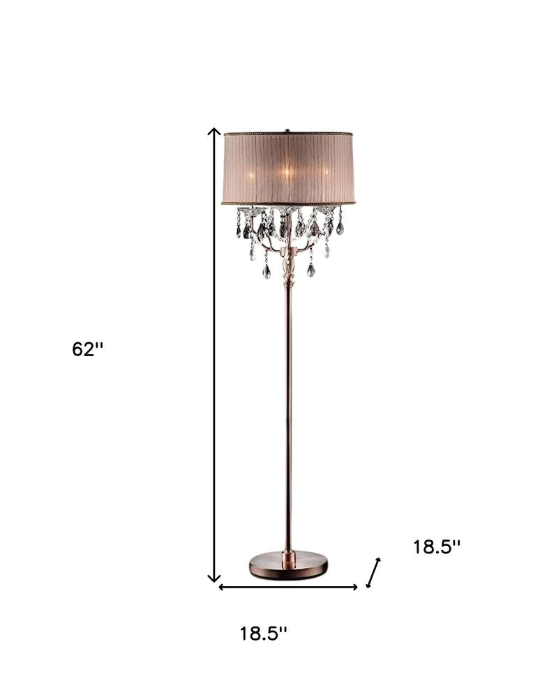 62" Silver Three Light Candelabra Floor Lamp With Pink Fabric Drum Shade — view 4