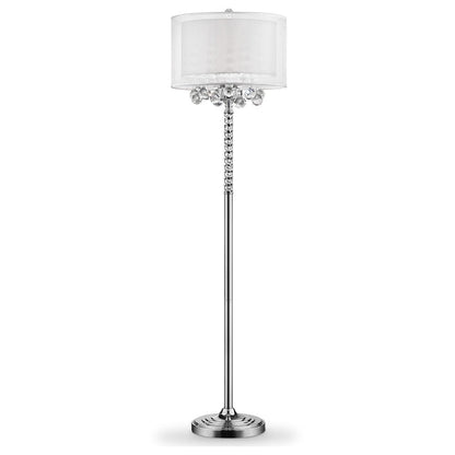63" Silver Three Light Candelabra Floor Lamp With White Fabric Drum Shade