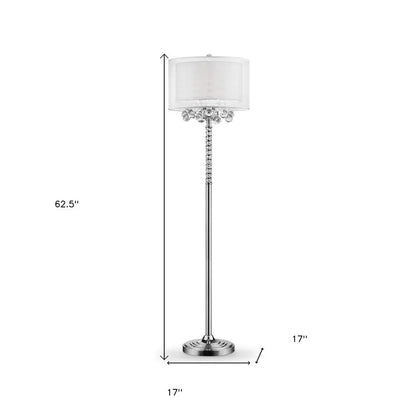 63" Silver Three Light Candelabra Floor Lamp With White Fabric Drum Shade HomeRoots