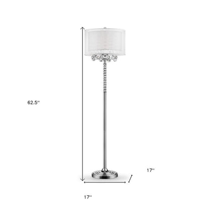 63" Silver Three Light Candelabra Floor Lamp With White Fabric Drum Shade HomeRoots