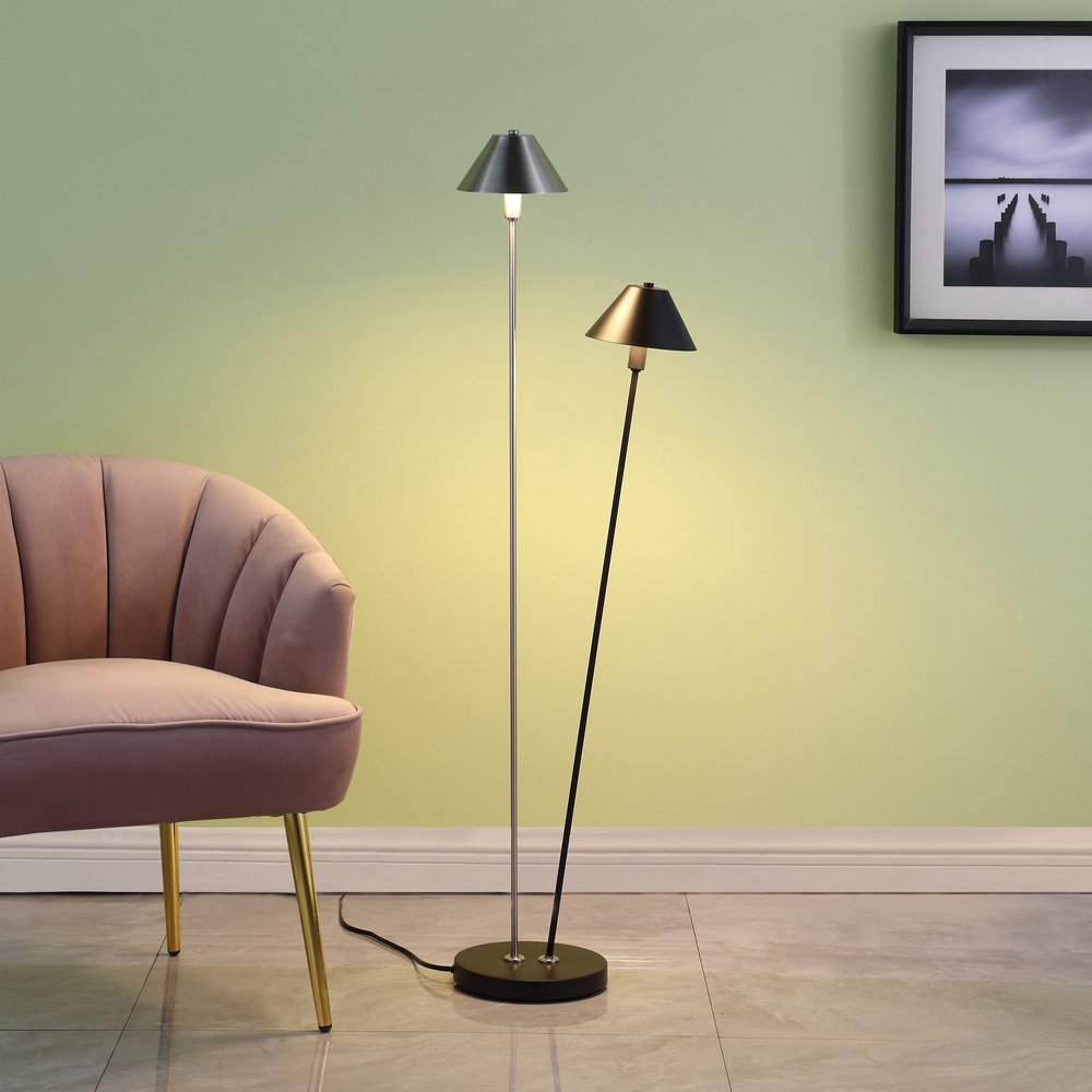 48" Black And Silver Two Light LED Novelty Floor Lamp With Black And Silver Metal Empire Shade HomeRoots